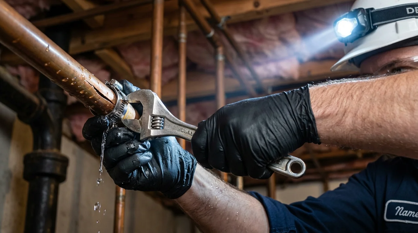 Emergency pipe clamp repair being performed by a Johns Plumbing LLC plumber in Danbury