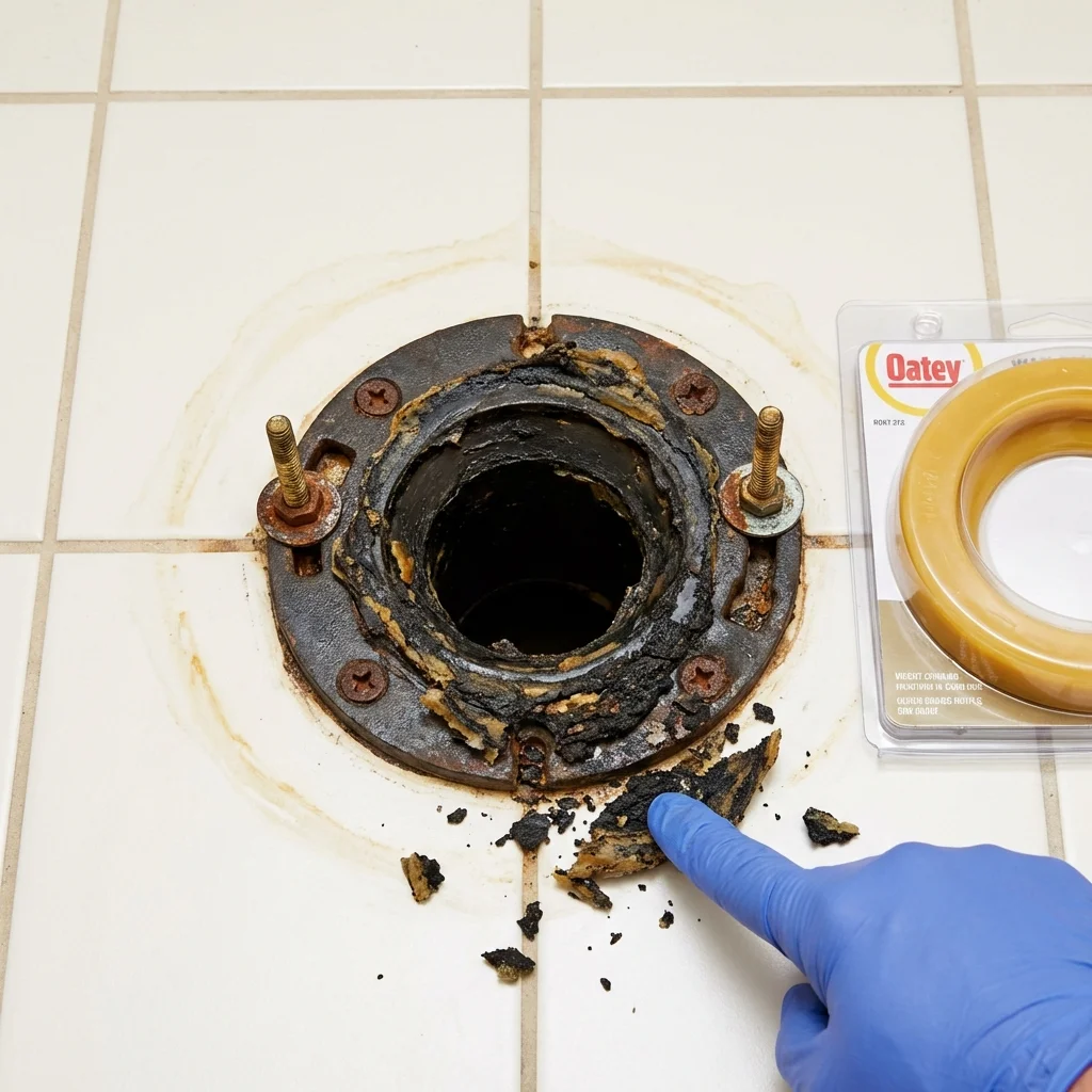 Failed wax ring showing water seepage at the base of a toilet in a Danbury, CT home