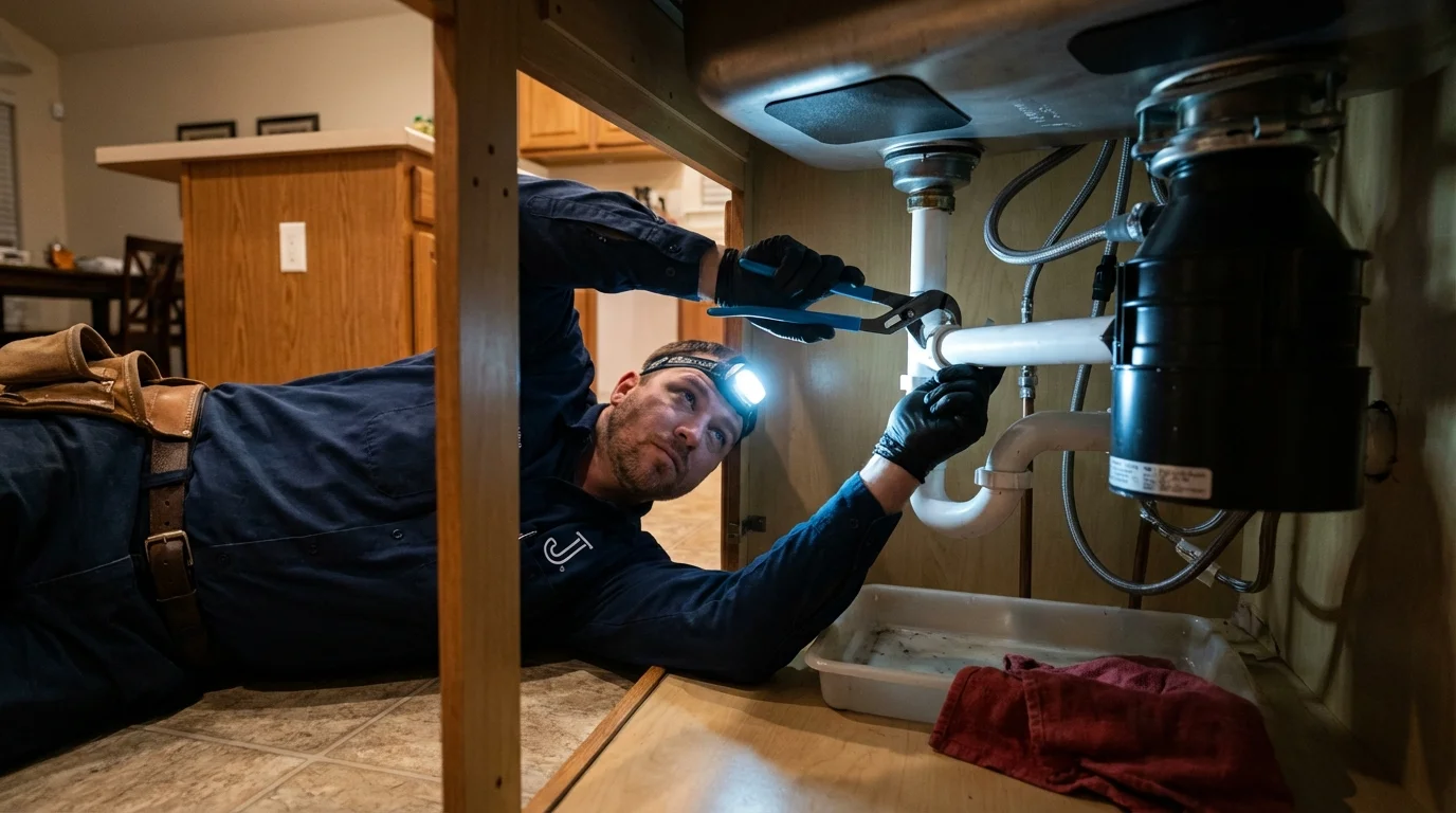 P-trap and supply line connections under a kitchen sink showing a common leak point in Danbury, CT